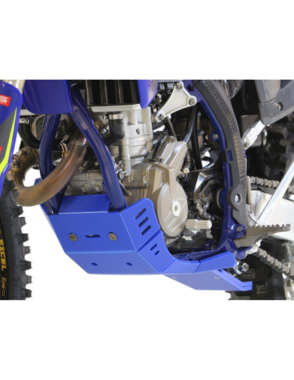 Left side of the blue HDPE plastic skid plate with linkage guard for Sherco SEF250 - SEF300 Factory