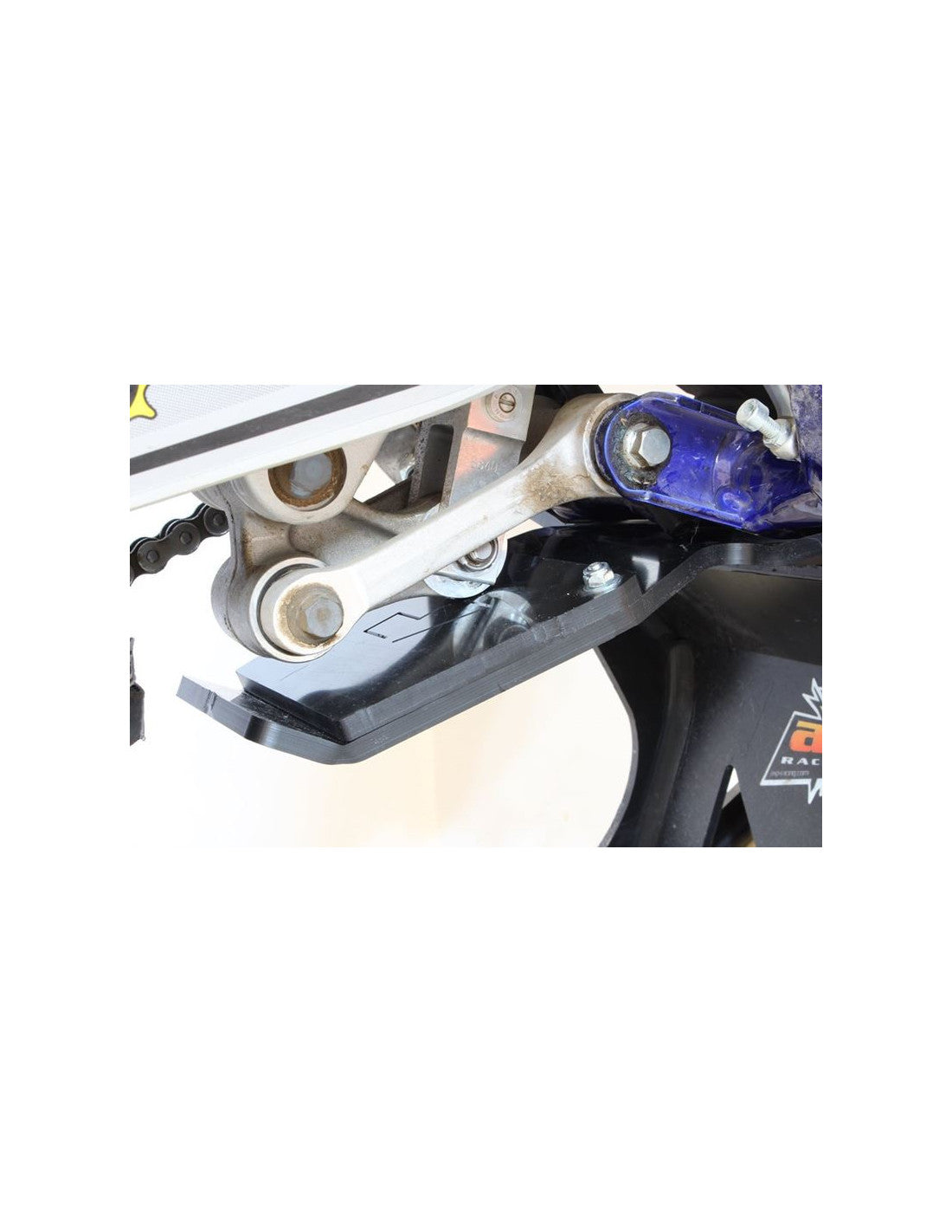 Close up view of the black HDPE plastic skid plate with linkage guard for Sherco SER250F - SER300F