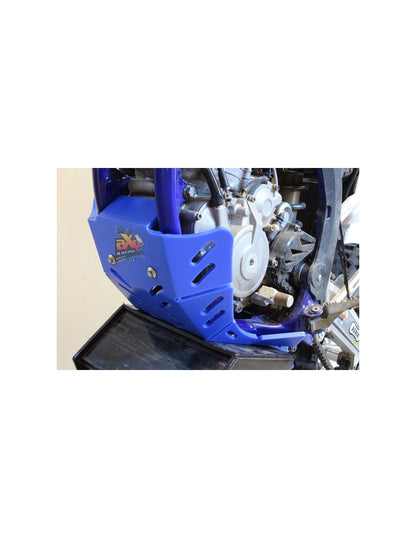 Left side of the blue HDPE plastic skid plate with linkage guard for Sherco SER250F - SER300F