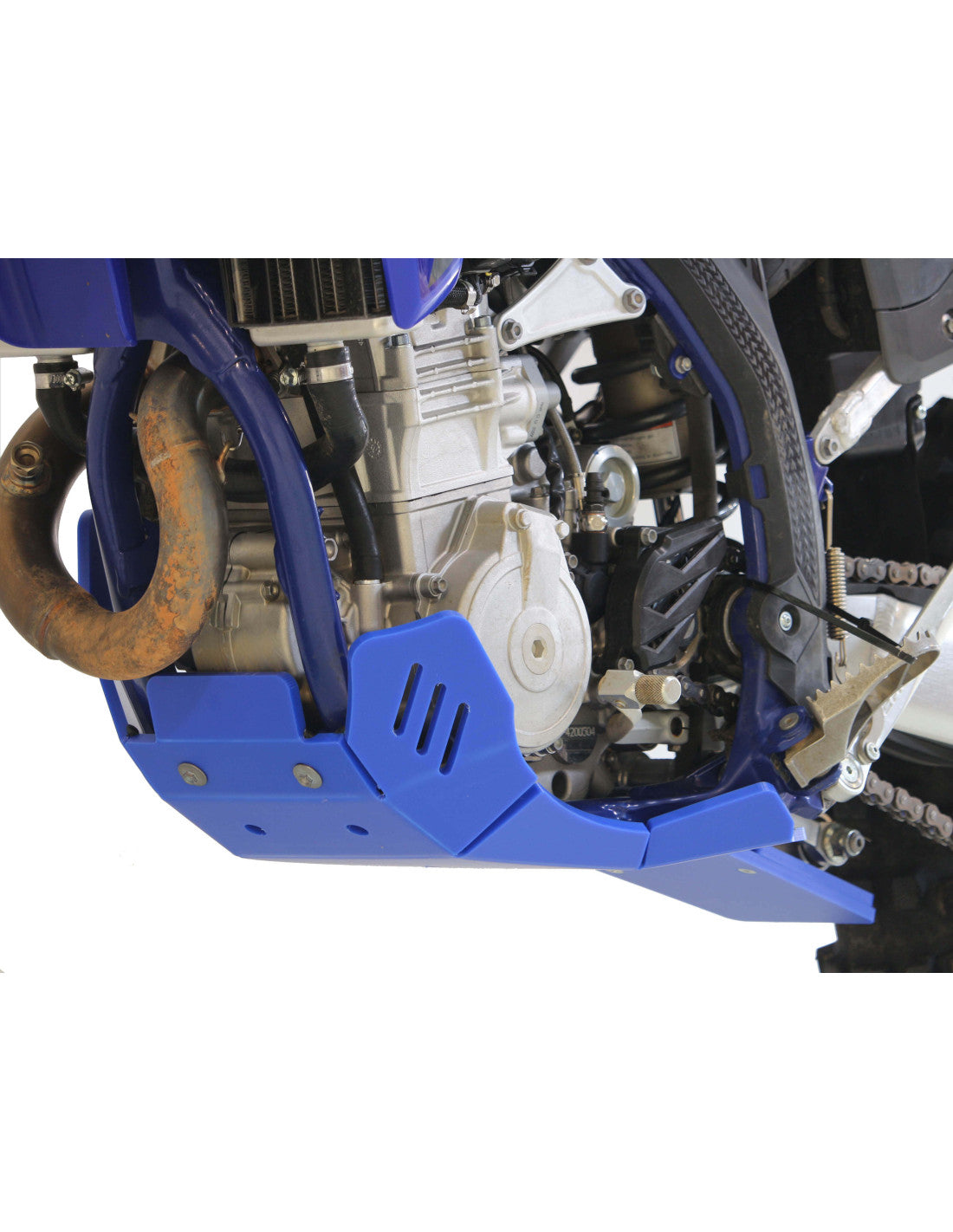 Left side of the blue HDPE plastic skid plate with linkage guard for Sherco SEF450 / SEF500 Factory
