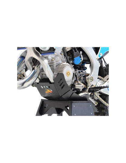 Right side of the black HDPE plastic skid plate with linkage guard for TM Racing EN125Fi and EN144Fi