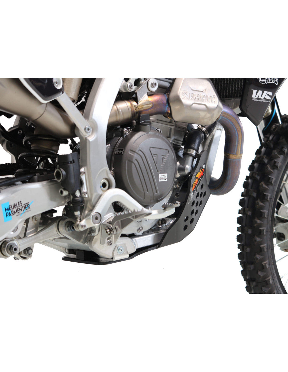Rear right side of the 6mm black HDPE plastic skid plate for Triumph TF250X