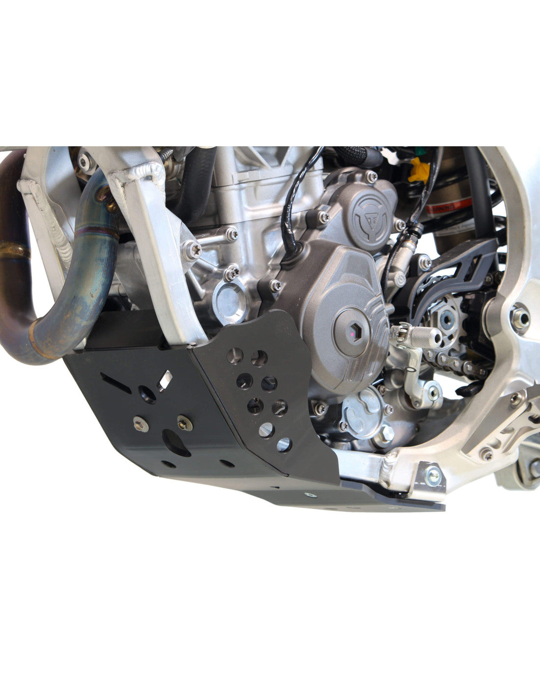 Left side of the 6mm black HDPE plastic skid plate for Triumph TF250X