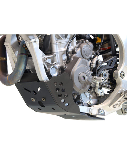 Left side of the 6mm black HDPE plastic skid plate for Triumph TF250X