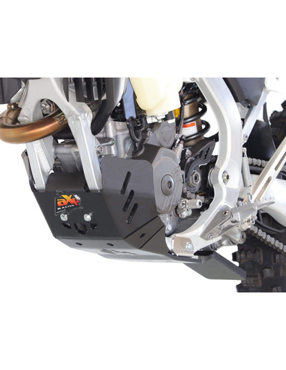 Left side of the black HDPE plastic skid plate with linkage guard for Triumph TF250-X and TF250-E