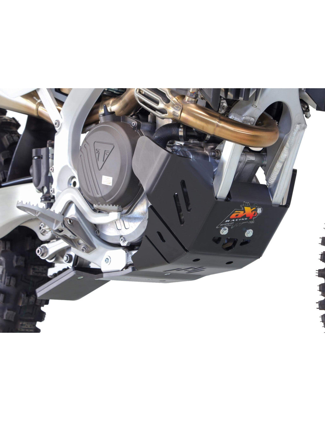 Right side of the black HDPE plastic skid plate with linkage guard for Triumph TF250-X and TF250-E