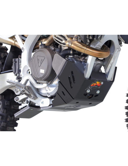 Right side of the black HDPE plastic skid plate with linkage guard for Triumph TF250-X and TF250-E