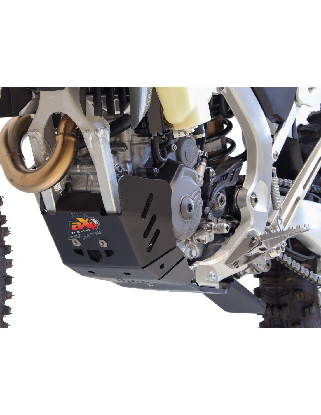 Left side of the black HDPE plastic skid plate with linkage guard for Triumph TF450-RC and TF450-E