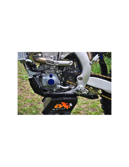 Left side of the black HDPE plastic skid plate with linkage guard for Yamaha - Fantic