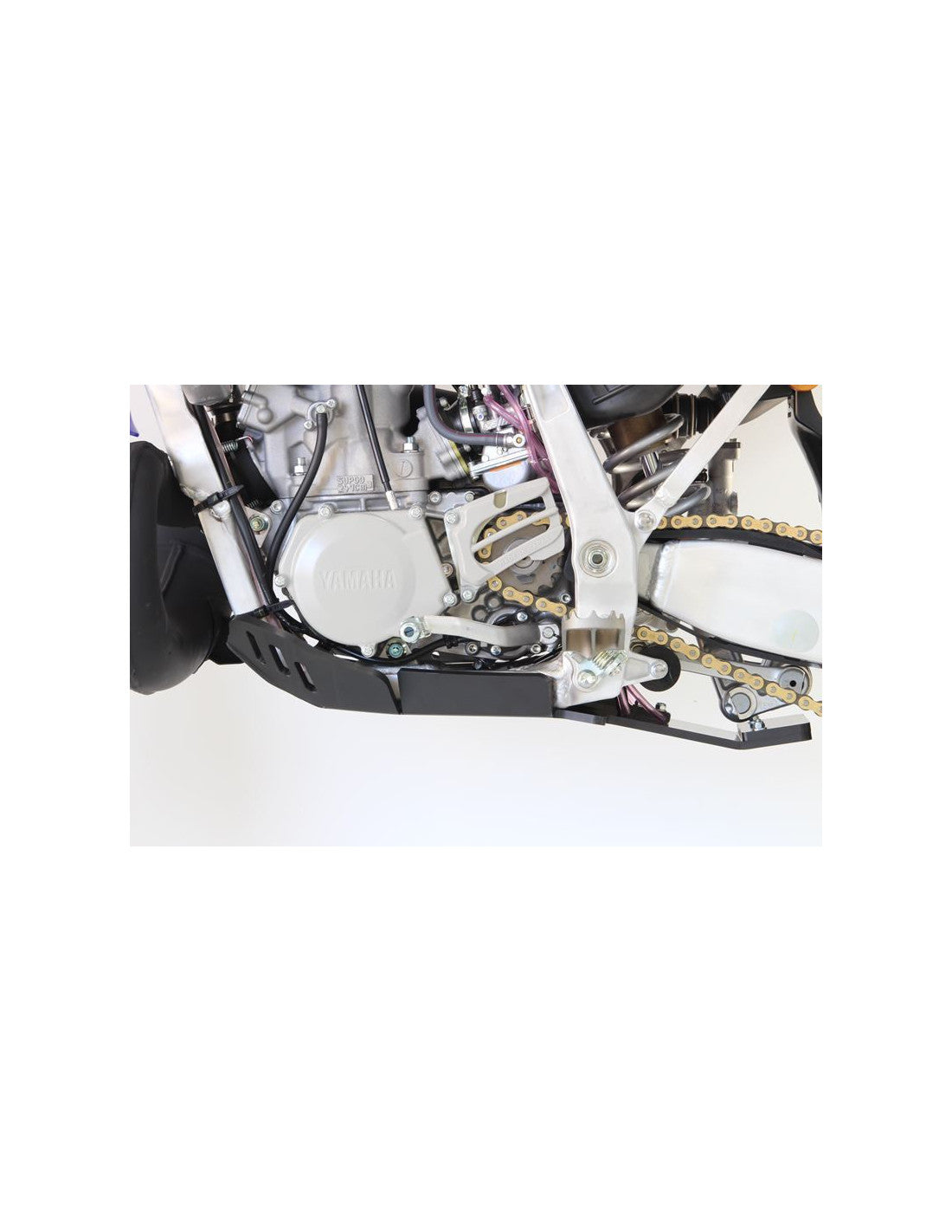 Left side of the black HDPE plastic skid plate with linkage guard for Yamaha YZ250 - WR250 - YZ250X