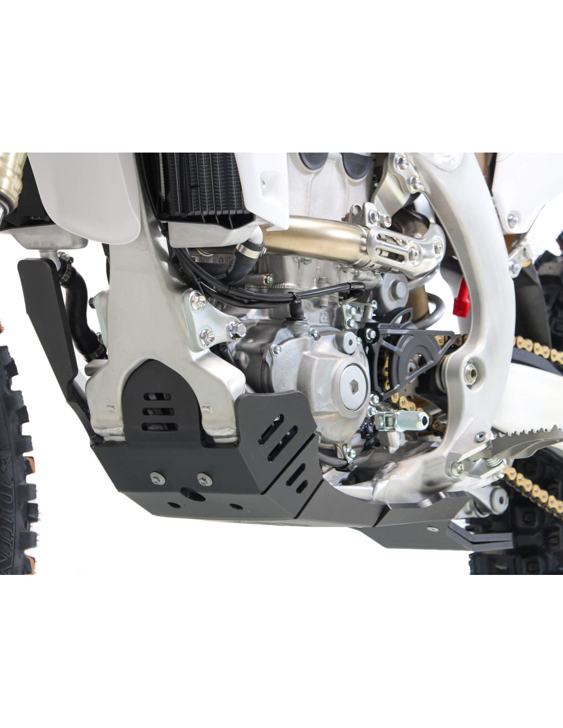 Left side of the 8mm black HDPE skid plate with linkage guard for Yamaha YZ250F