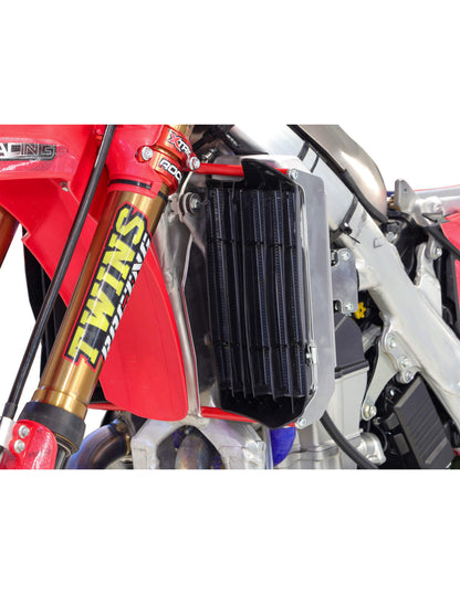 Côté gauche des protections de radiateurs en aluminium avec entretoises rouges pour Honda CRF450R / CRF450RX