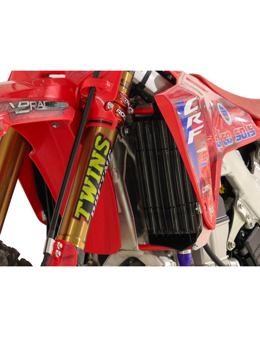 Côté droit des protections de radiateurs en aluminium avec entretoises rouges pour Honda CRF450R / CRF450RX