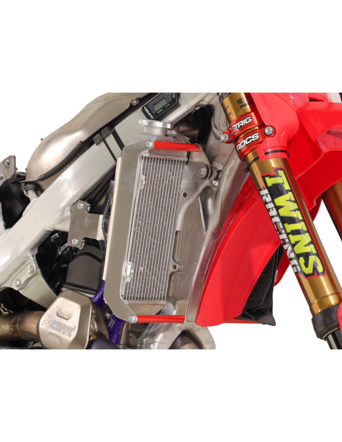 Right side of the radiator braces in aluminum with red spacers for Honda CRF450R / CRF450RX