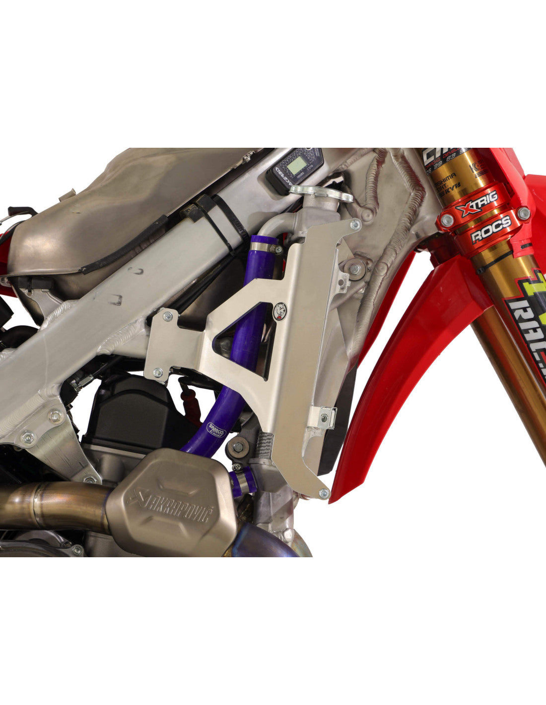Side view of the radiator braces in aluminum with red spacers for Honda CRF450R / CRF450RX