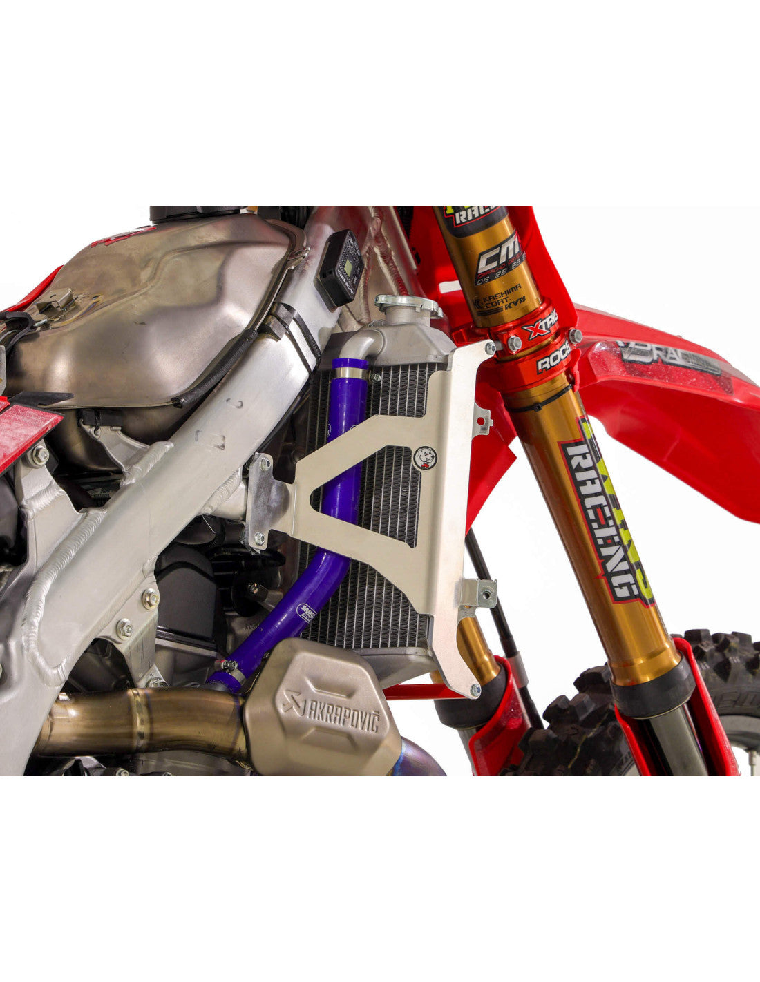 Vue arrière des protections de radiateurs en aluminium avec entretoises rouges pour Honda CRF450R / CRF450RX