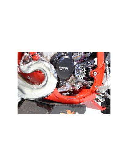 Left side of the red HDPE plastic skid plate with linkage guard for Beta 125RR - 200RR