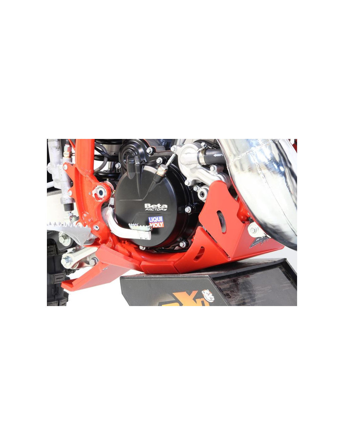 Right side of the red HDPE plastic skid plate with linkage guard for Beta 125RR - 200RR