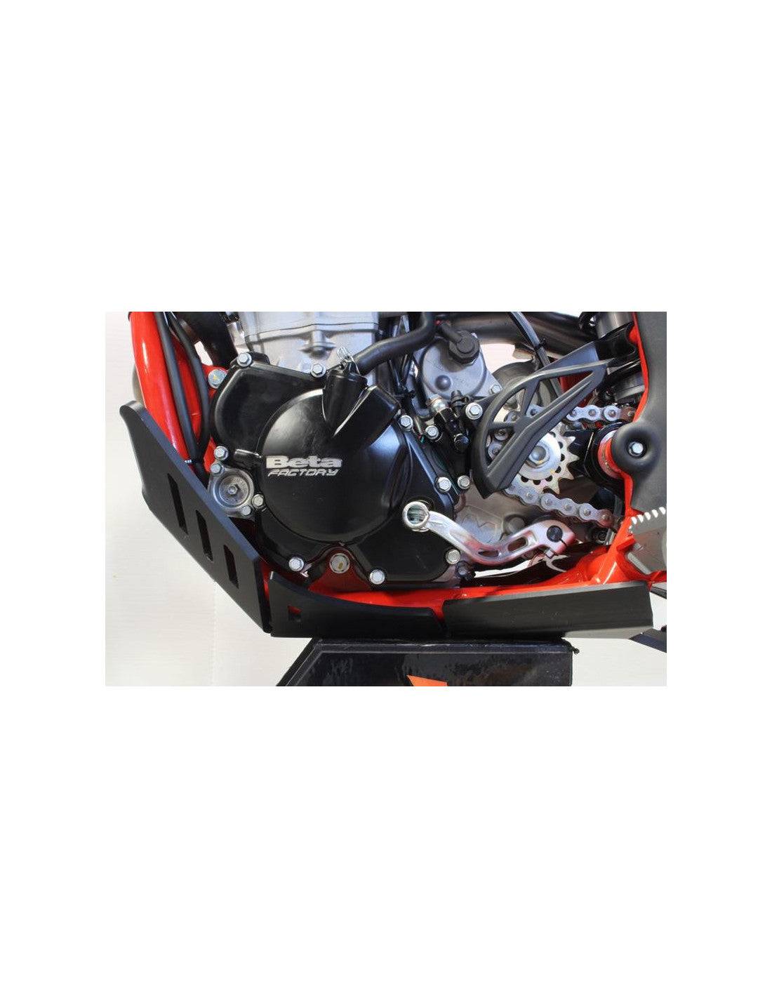 Left side of the black HDPE plastic skid plate with linkage guard for Beta Enduro 4T