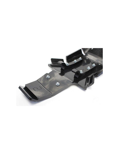 Vue rapprochée de la protection de biellette du sabot noir en plastique PEHD pour Husqvarna 250 - 300 2T