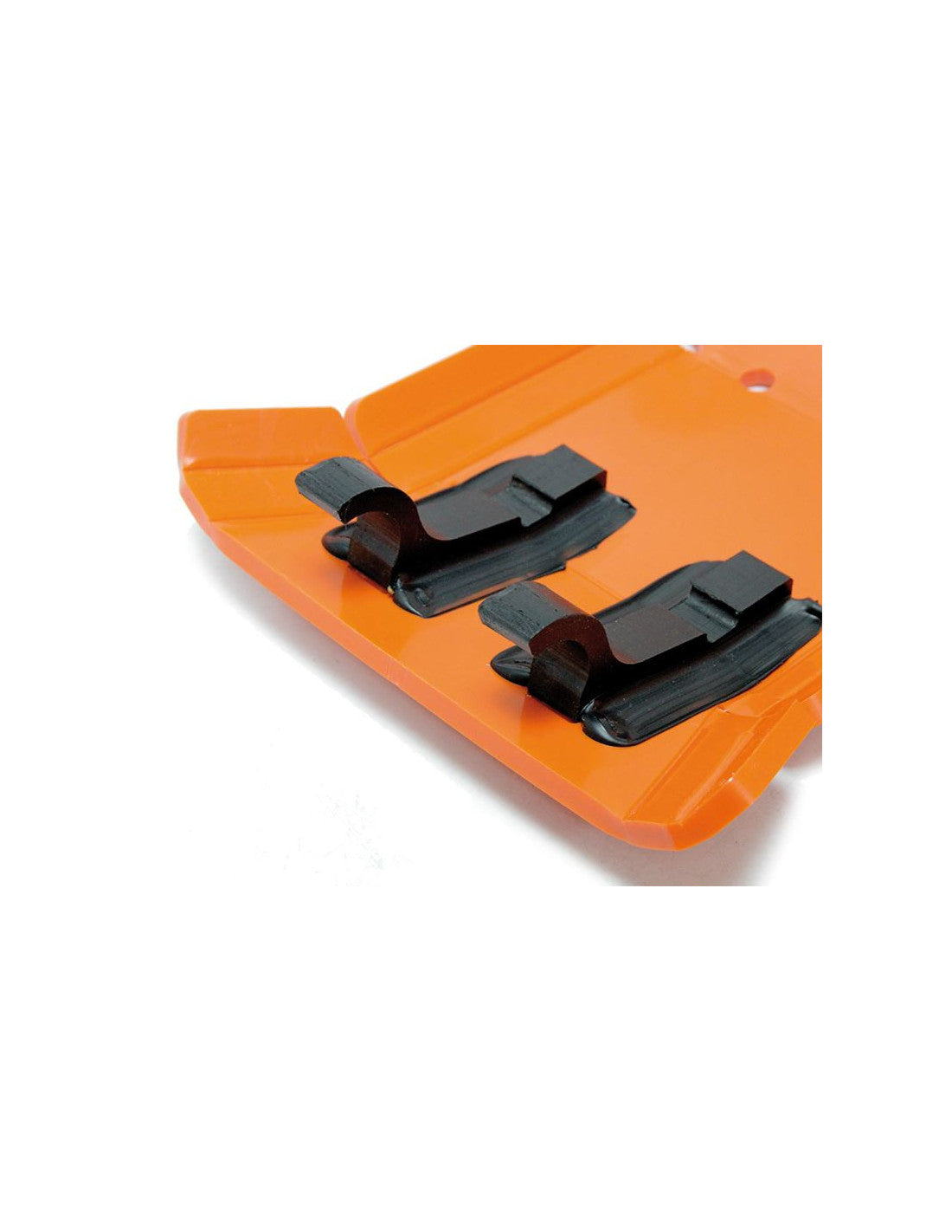 Vue rapprochée des fixations arrières du sabot orange en plastique PEHD pour KTM 250/350 EXCF
