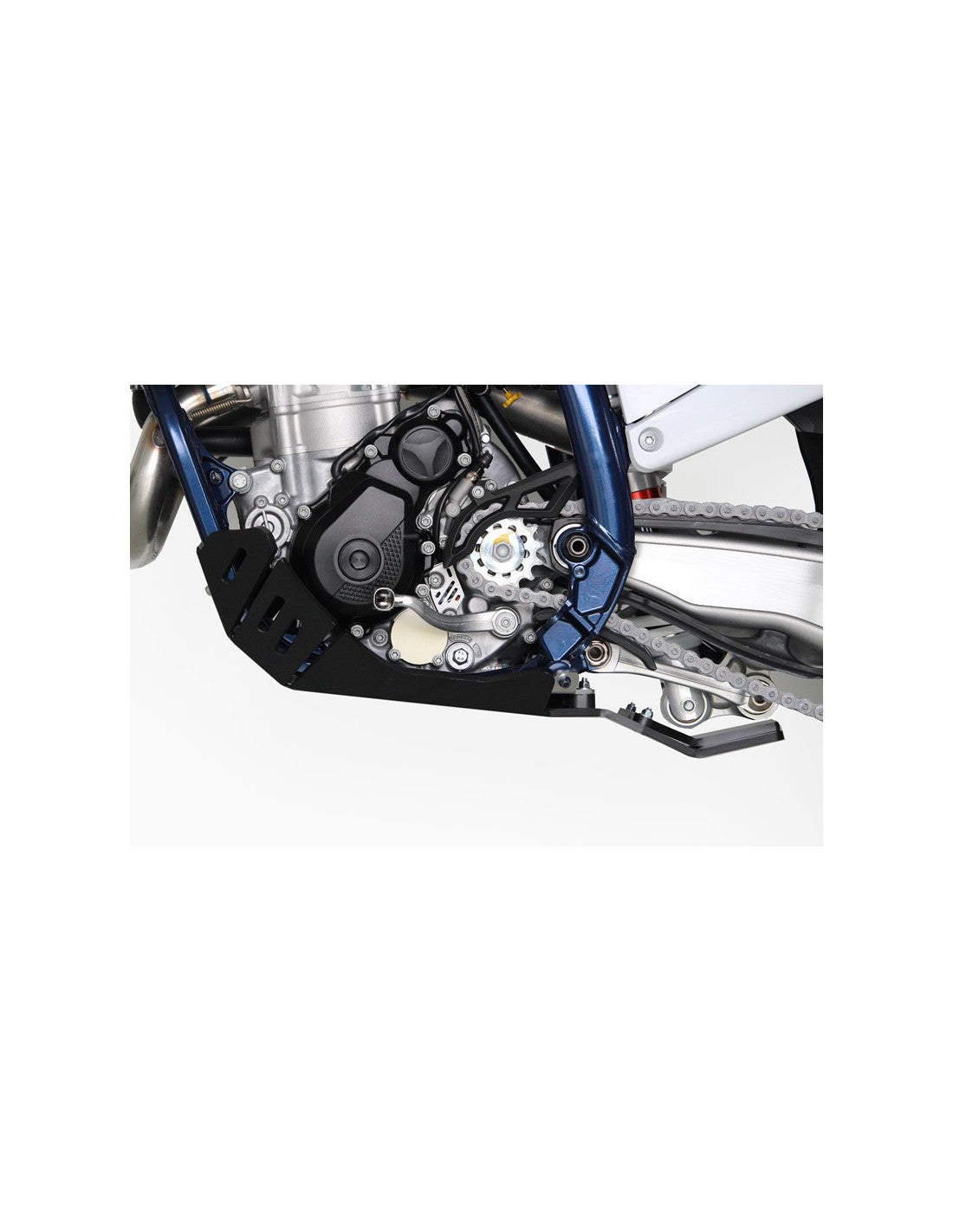 Left side of the black HDPE plastic skid plate with linkage guard for KTM - Husqvarna