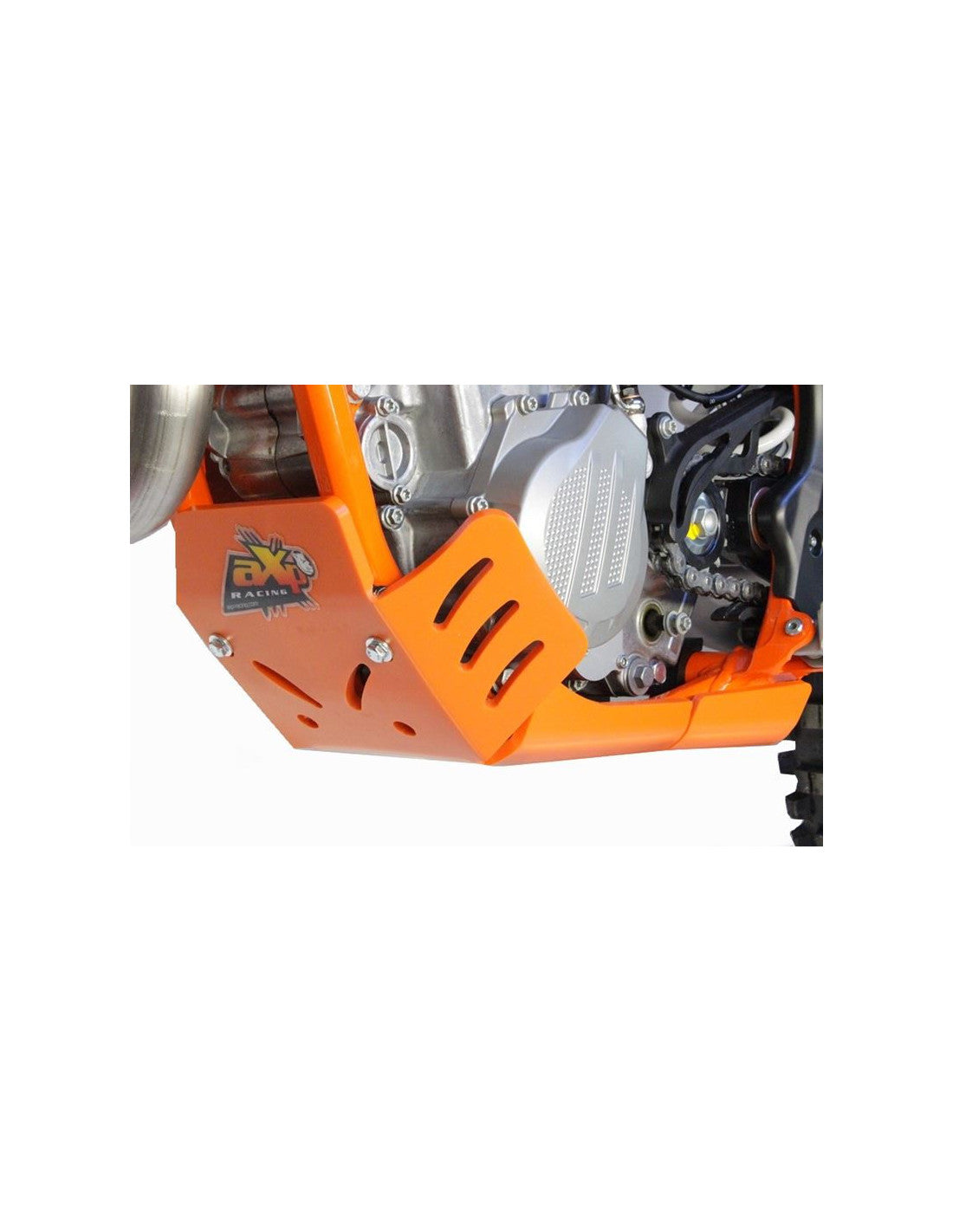 Left side of the orange HDPE plastic skid plate for KTM 450EXCF - 500EXCF