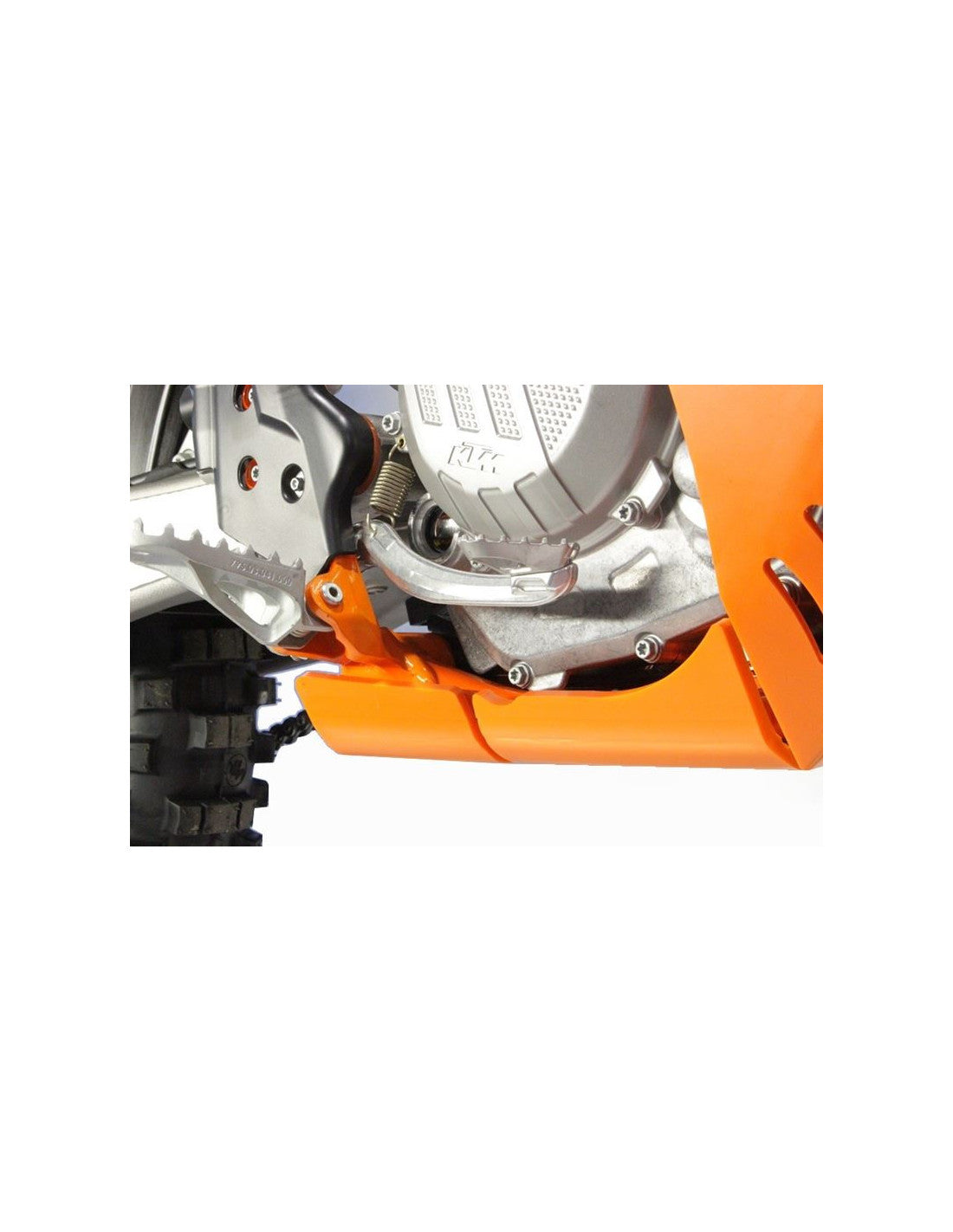 Close up of the right side of the orange HDPE plastic skid plate for KTM 450EXCF - 500EXCF