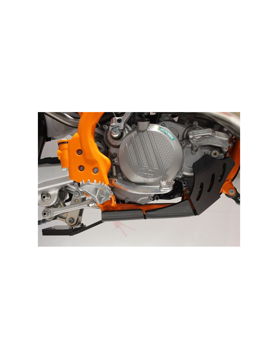 Right side of the black HDPE plastic skid plate with linkage guard for KTM - Husqvarna 250 / 300 2T