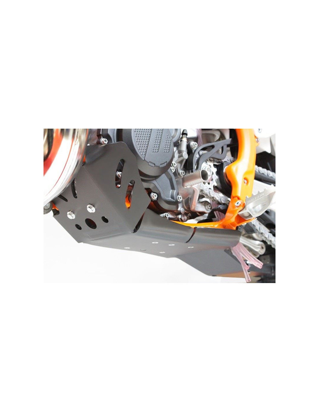 Left side of the black HDPE plastic skid plate with linkage guard for KTM - Husqvarna 250 / 300 2T