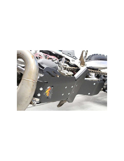 Left side of the black HDPE plastic skid plate with linkage guard for KTM - Husqvarna 2T