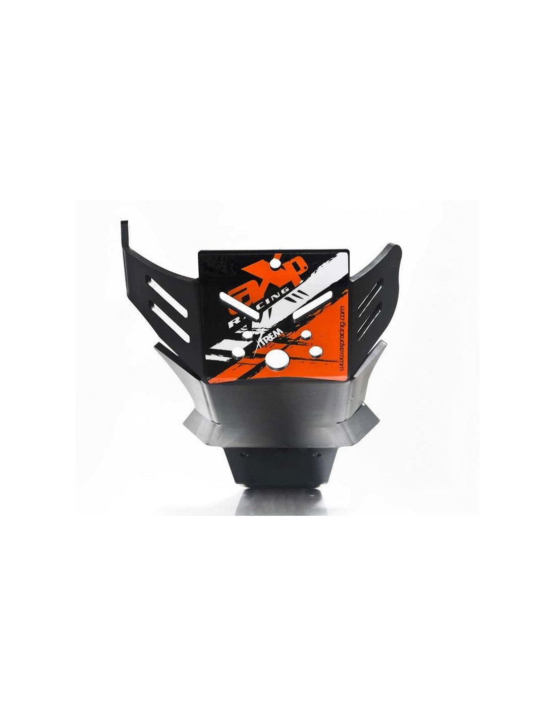 Front view of the black HDPE plastic skid plate with linkage guard for KTM - Husqvarna 250 / 350 4T