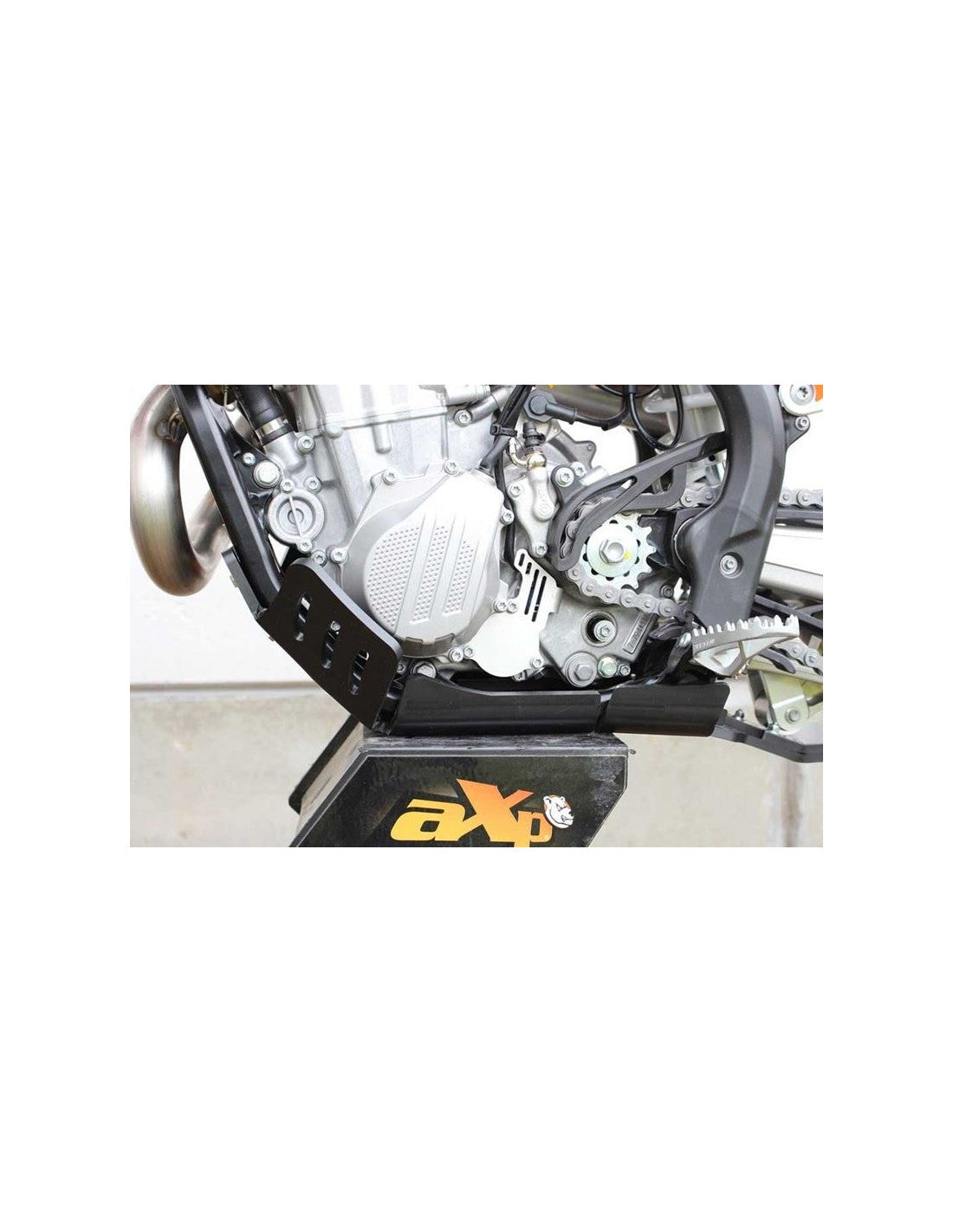 Left side of the black HDPE plastic skid plate with linkage guard for KTM - Husqvarna 450 / 501