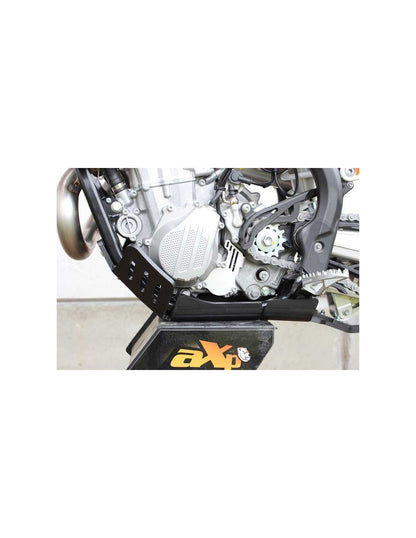 Left side of the black HDPE plastic skid plate with linkage guard for KTM - Husqvarna 450 / 501
