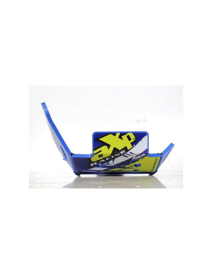 Front view of the blue HDPE plastic skid plate with linkage guard for Sherco 250 - 300SEFR